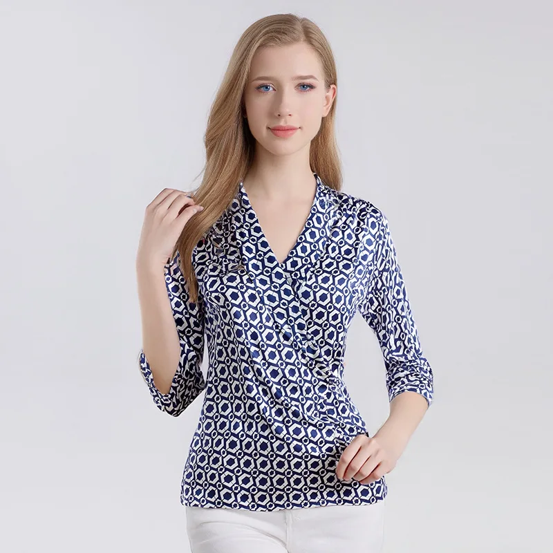 MadBlack-25%Silk 75%Viscose Elegant Knit T-Shirt, 3/4 Sleeve Print, Women Fashion Breathable Loose Top, 2026 Summer New T66153CC