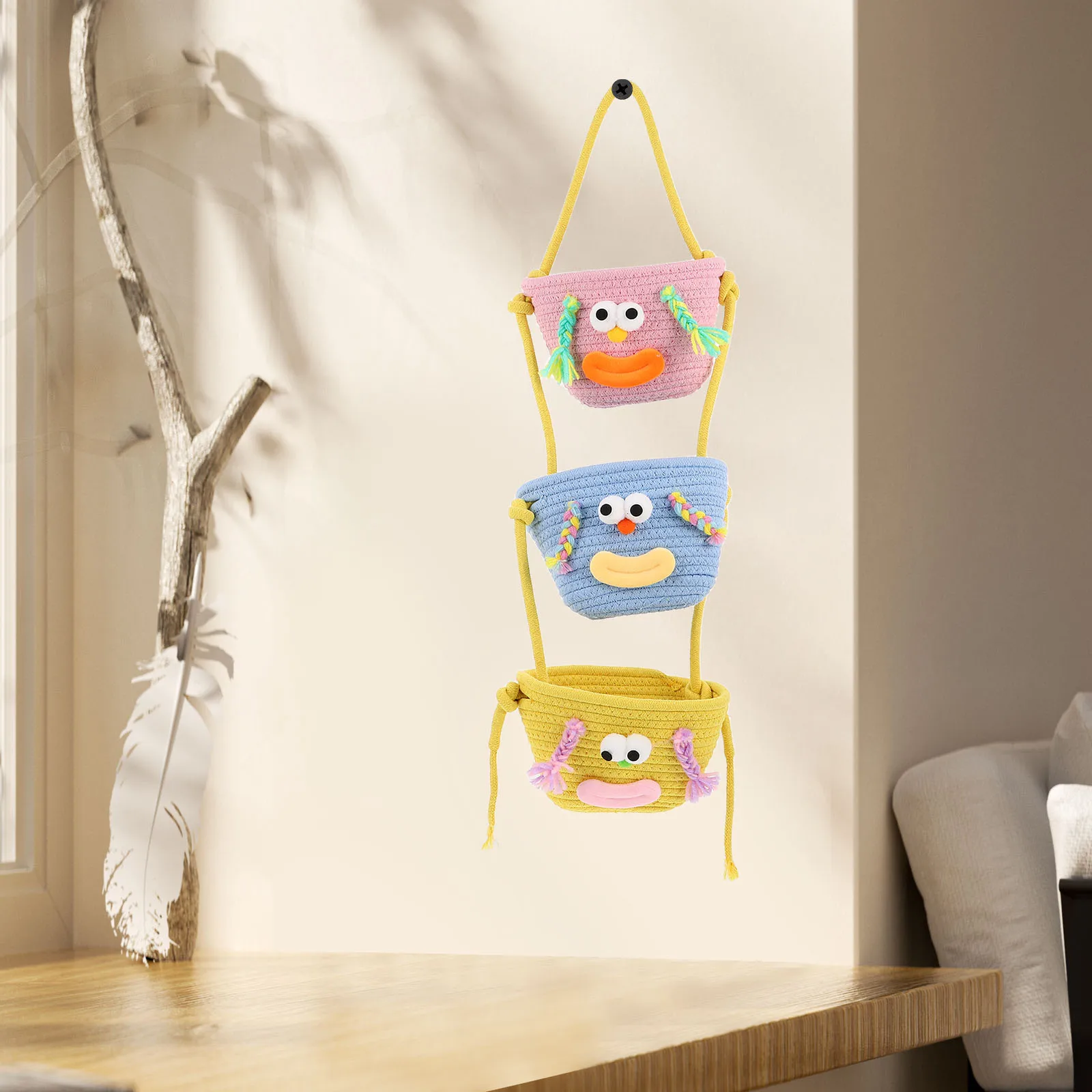 

Woven Wall Storage Basket Multi-Layer Hanging Organizer Cotton Rope Bedroom Home Tiered Rack Closet Fruit Vegetable Holder