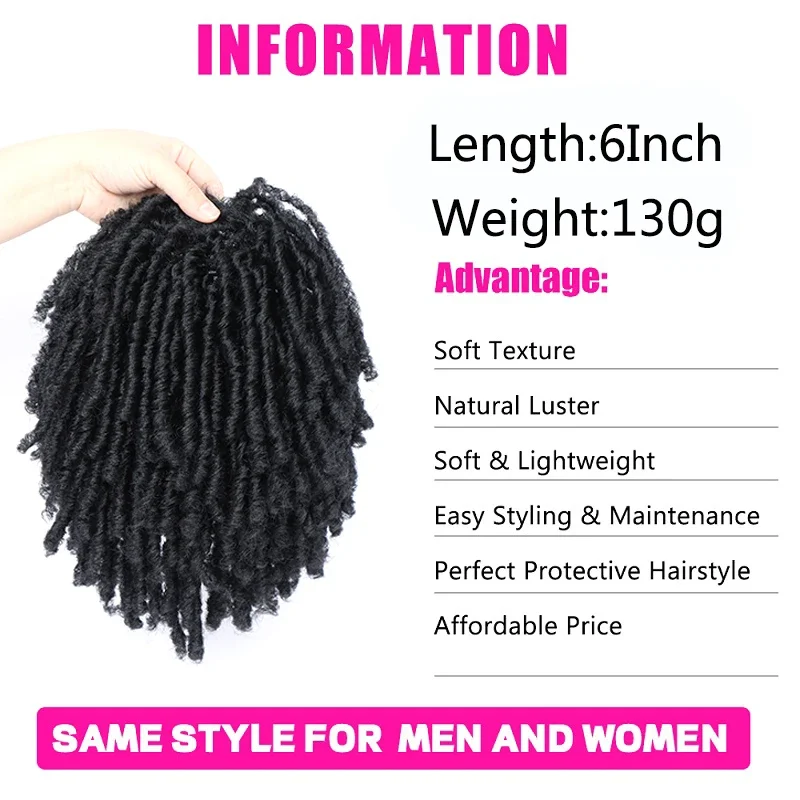 6Inch Synthetic Dreadlock Hair Topper Clip in Braided Half Wigs Locs Braided Wig Soft Short Wig Dreads for Men Women