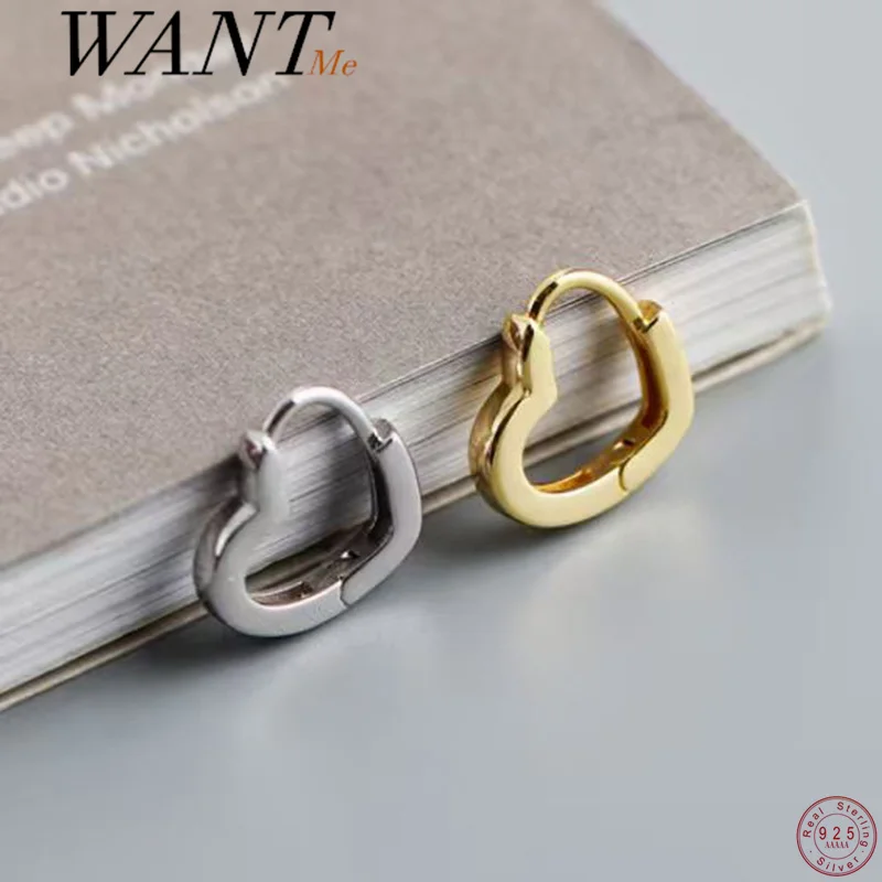 WANTME 925 Sterling Silver Fashion Simple Sweet Heart-Shaped Huggies Hoop Earrings for Women Charms Romantic Party Love Jewelry