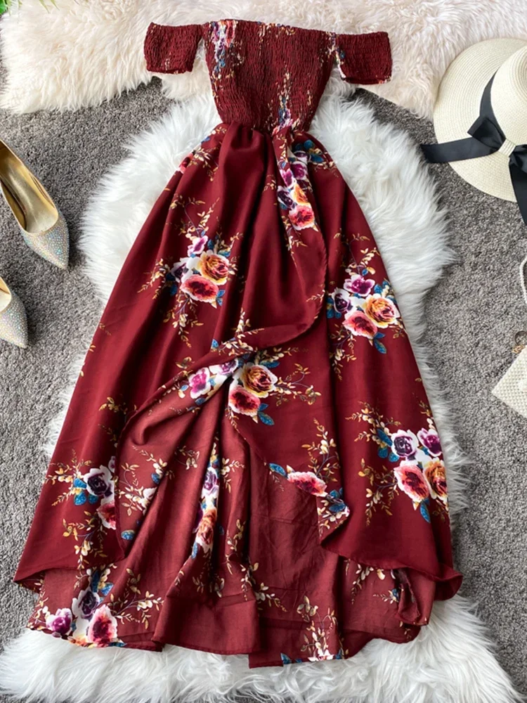 Summer Women\'s Irregular Slit Print Floral Long Dress One-way Neck Strapless Chest Wrap Short Sleeve Dresses LL006