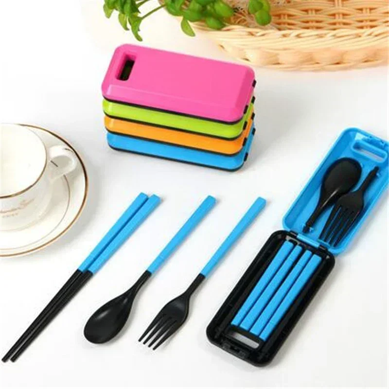 3 In 1Portable Wheat Straw Fork Cutlery Set Foldable Folding Chopsticks Cutlery Set with Box Picnic Camping Travel Tableware Set