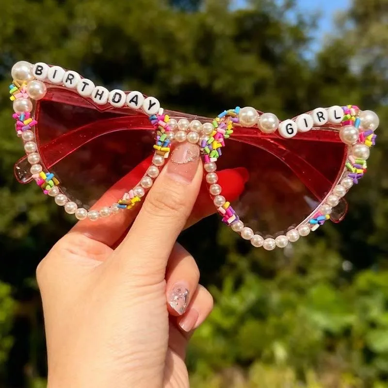 Heart Shaped Birthday Girl Sunglasses, Pink Happy Birthday Girl Glasses Pearl Birthday Party GlassesFor Women Girls - view 5