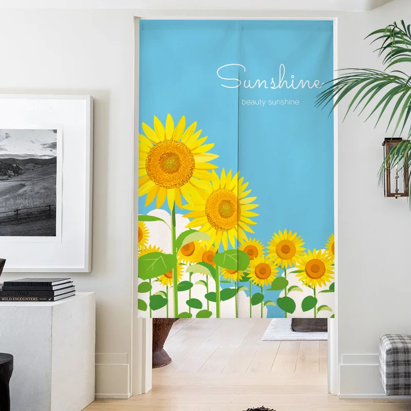 VIKAMA Sunny Sunflower Print Half-Length Door Curtain, Instagram-Style Floral Fabric Japanese-Style Door Curtain, Home Decor