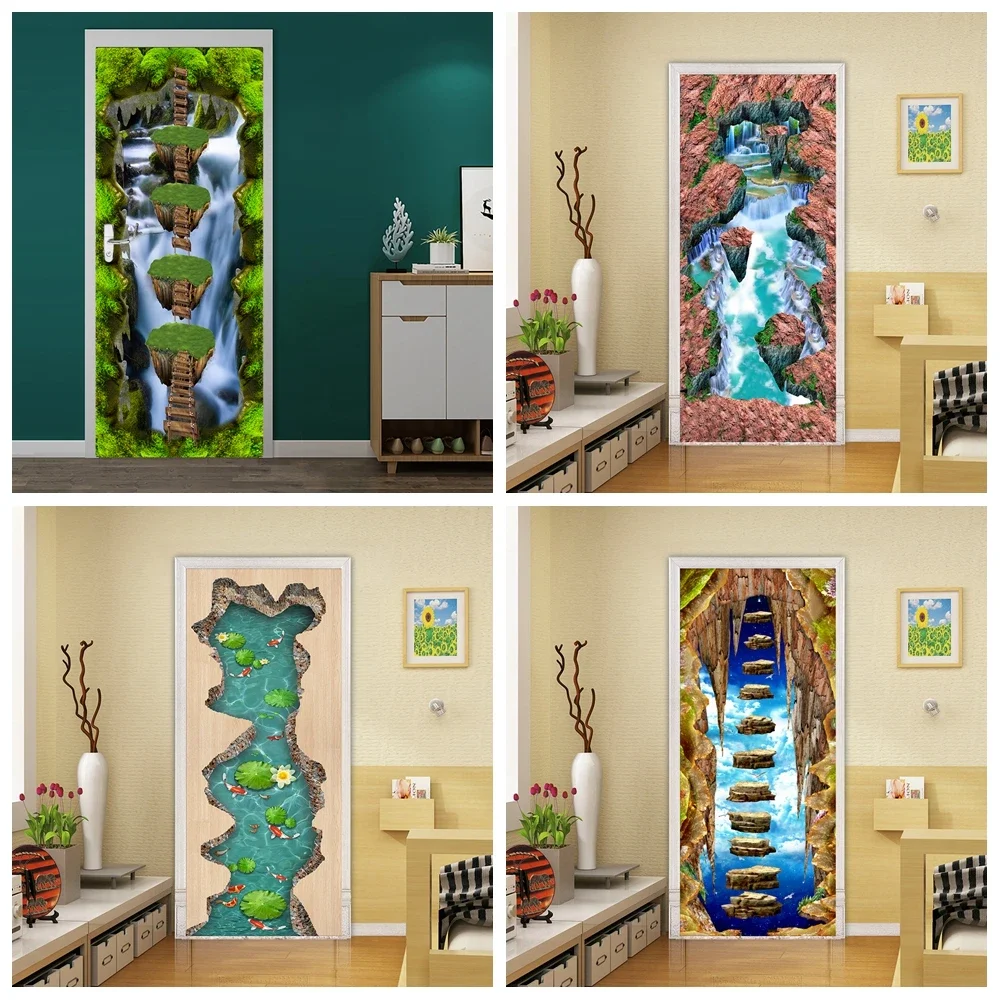 3D Landscape Print Door Sticker Vinyl Decal Waterfall Forest Bridge Door Wallpaper Living Room Home Decor Aesthetic deursticker
