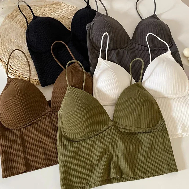 Ladies Camisole Slim Fit Sexy Stretch Push Up Bra with Chest Pads Knitted Crop Top Short Tube Top V-Neck Tops Bralette Hot Sale