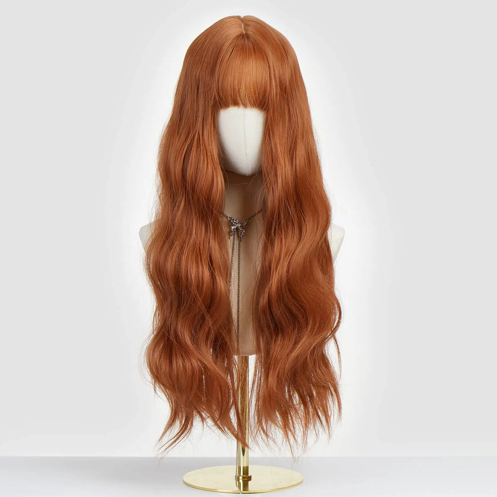 Copper Orange Long Deep Wave Synthetic Wig with Full Bangs Heat Resistant Natural Hairline Soft Hair for Women Halloween Party