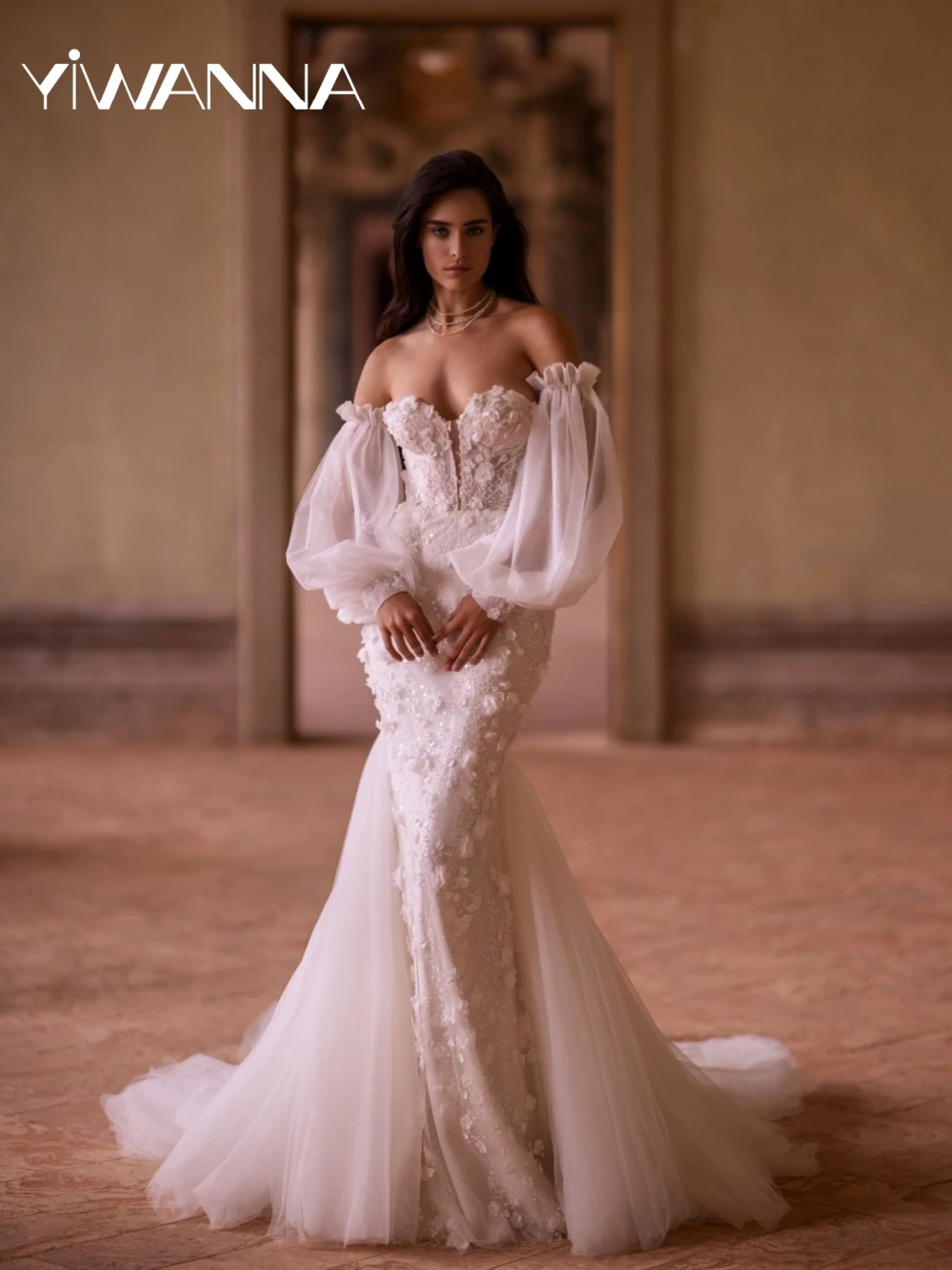 

Detachable Sleeve Beaded Mermaid Long Wedding Dress Charming 3D Flower Sweetheart Neck Bridal Gown Customized Dresses For Bride