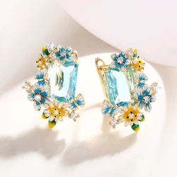 Huitan Aesthetic Flower Butterfly Piercing Drop Earrings Female Delicate Gold Color Blue Zirconia Accessories for Wedding Party