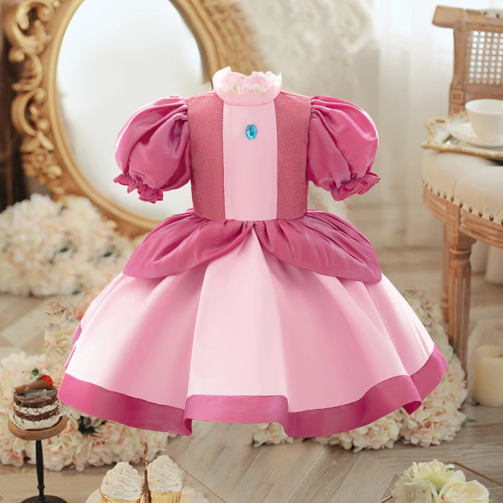 Toddler Princess Peach Girls Cosplay Costume for Kids Carnival Halloween Christmas Birthday Party Dress Girl Puff Sleeve Evening