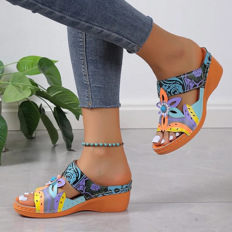 New national wind sandals female new summer color wedge totem 43 large size sandals female slides women flip flops