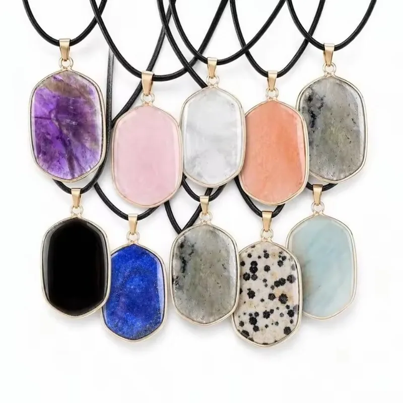 Hexagon Carved Rectangle Stone Crystal PendantBlack Cord Rope Chain Necklace for Women Men Jewelry