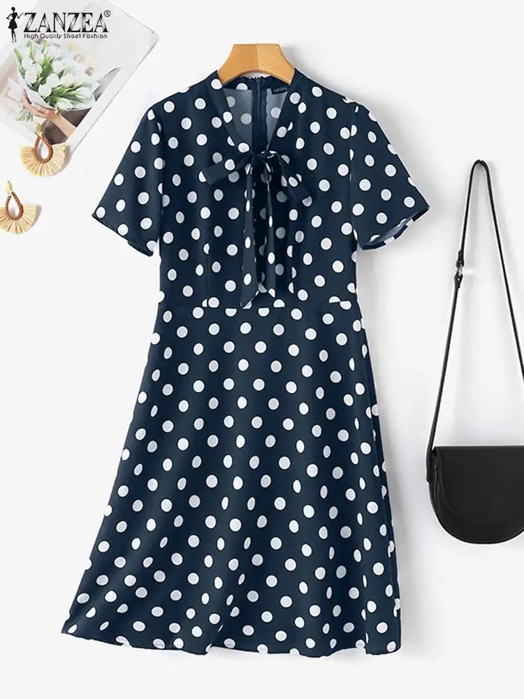 ZANZEA Elegant Polka Dot Dress 2024 Summer Women Tie Neck Sundress Bohemian Short Sleeve Knee Dresses Casual Waisted Office Robe