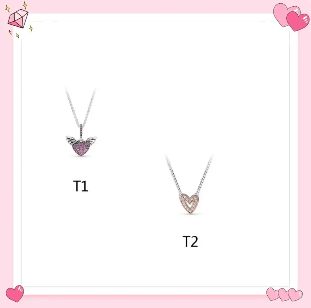 pan S925 Sterling Silver Necklace New Year's bright hand-painted love inlaid angel wing Love Necklace Set