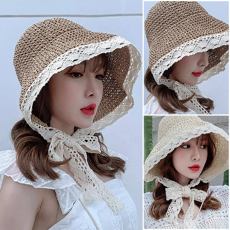 Summer handmade lace fashion bowler hat women\'s summer big brim sunscreen beach hat straw hat women\'s summer