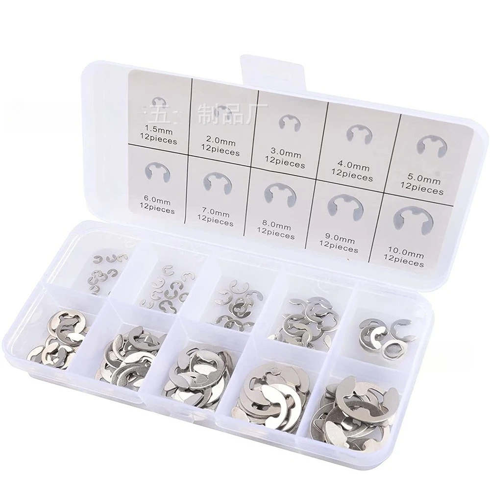 120Pcs 304 Stainless Steel E-Clip Circlip Assortment Kit 1.0mm-10mm External Retaining Ring Snap Ring Hardware Storage Box