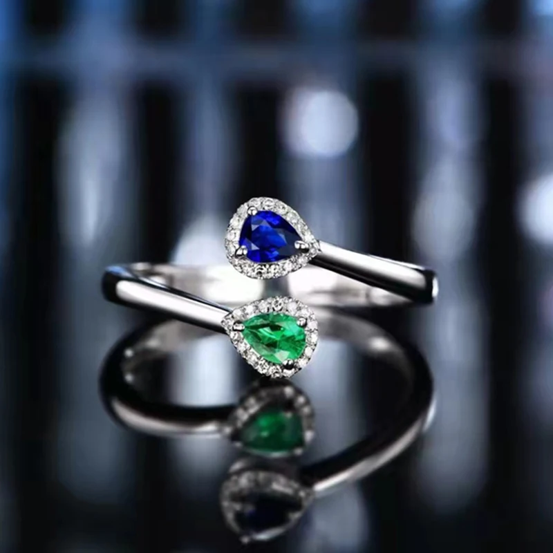 Two-color stitching emerald sapphire rings for women drop ring luxury noble S925 sterling silver opening adjustable