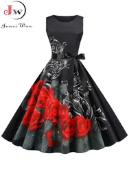 Women Elegant Floral Print Midi Dress Summer Vintage Casual Sleeveless High Waist Party Sundress With Belt Vestidos