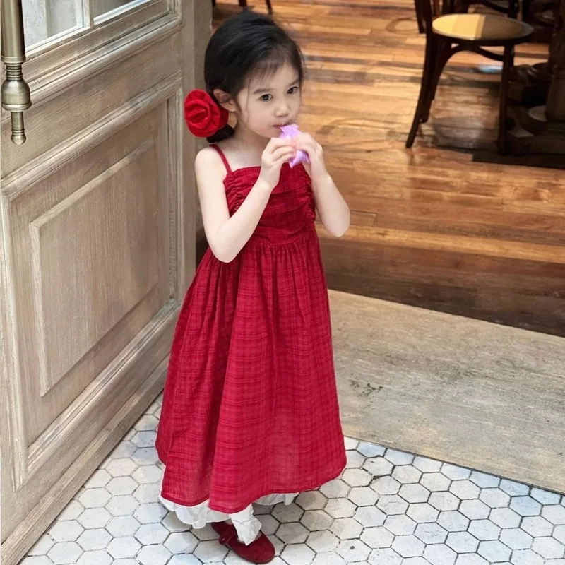 Girls' Dress New Summer Children's Red Strap Skirt Girls' Stylish Checkered Holiday Tank Top Fashion Skirt