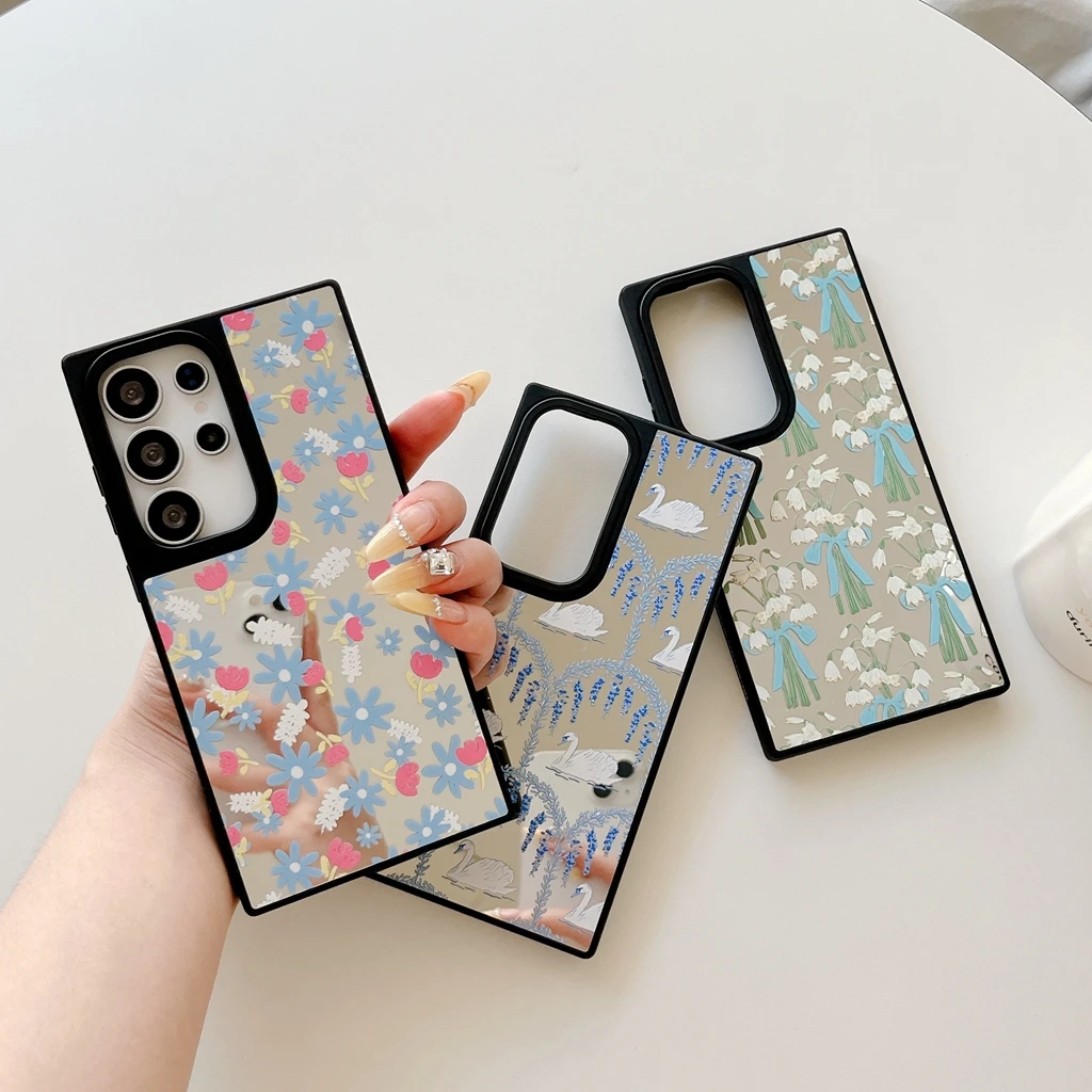 เคสโทรศัพท์กันกระแทก ลายดอกไม้สีสันโรแมนติก หงษ์ขาว สำหรับ Samsung Galaxy S23 S24 S25 Plus Ultra