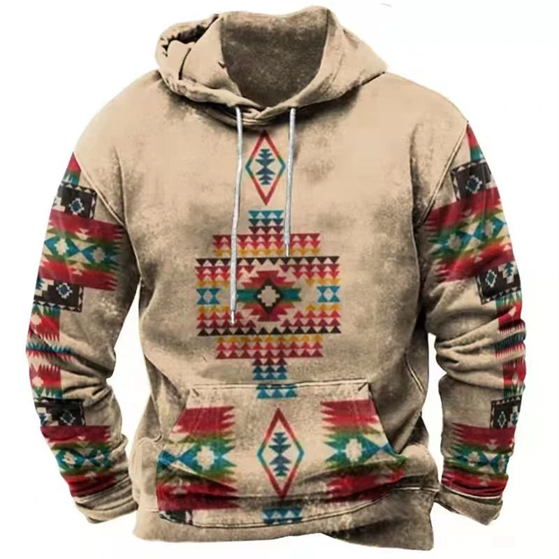 Vintage Indian Printed Men\'s Hoodie New Harajuku Clothing Streetwear Unisex Hooded Sweatshirt Male Brand Casual Pullover Tops