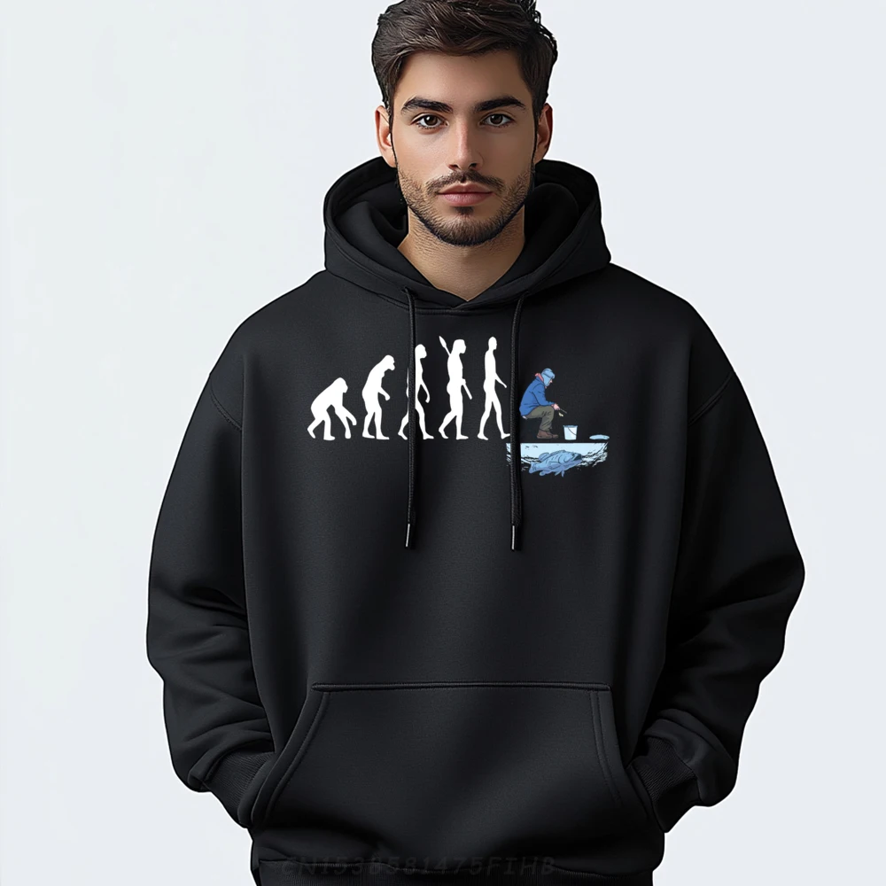 

Ice Fishing Evolution Ice Hole Surrounded Fishermen Catch Clothing Mans Graphic Sweatshirts Chinese Style