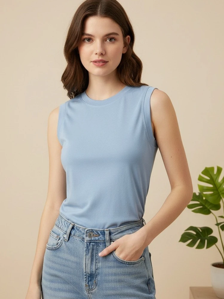 AOSSVIAO 2026 Sommer Baumwoll-Tops Basic Shirts Weiß Schwarz Lässige Sport-Weste Off-Shoulder Grün Damen Tank Top – Detail 3