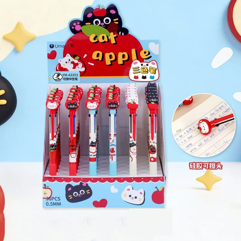 36pcs/lot Kawaii Apple Cat 3 Colors Erasable Gel Pen Cute 0.5mm Signature Pens School Writing Supplies