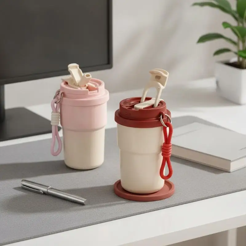 Stainless Steel Dual Drink Coffee Tumbler 24H Long Cold Retention Portable Lanyard for Work Camping Driving Use