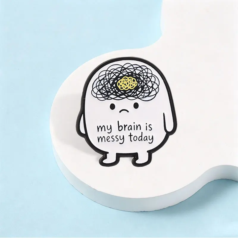 My Brain Is Messy Today Enamel Pin Cute Tangled Brain Lines And Sad Tired Stick Figure Brooch Mental Health Badge Jewelry Gifts