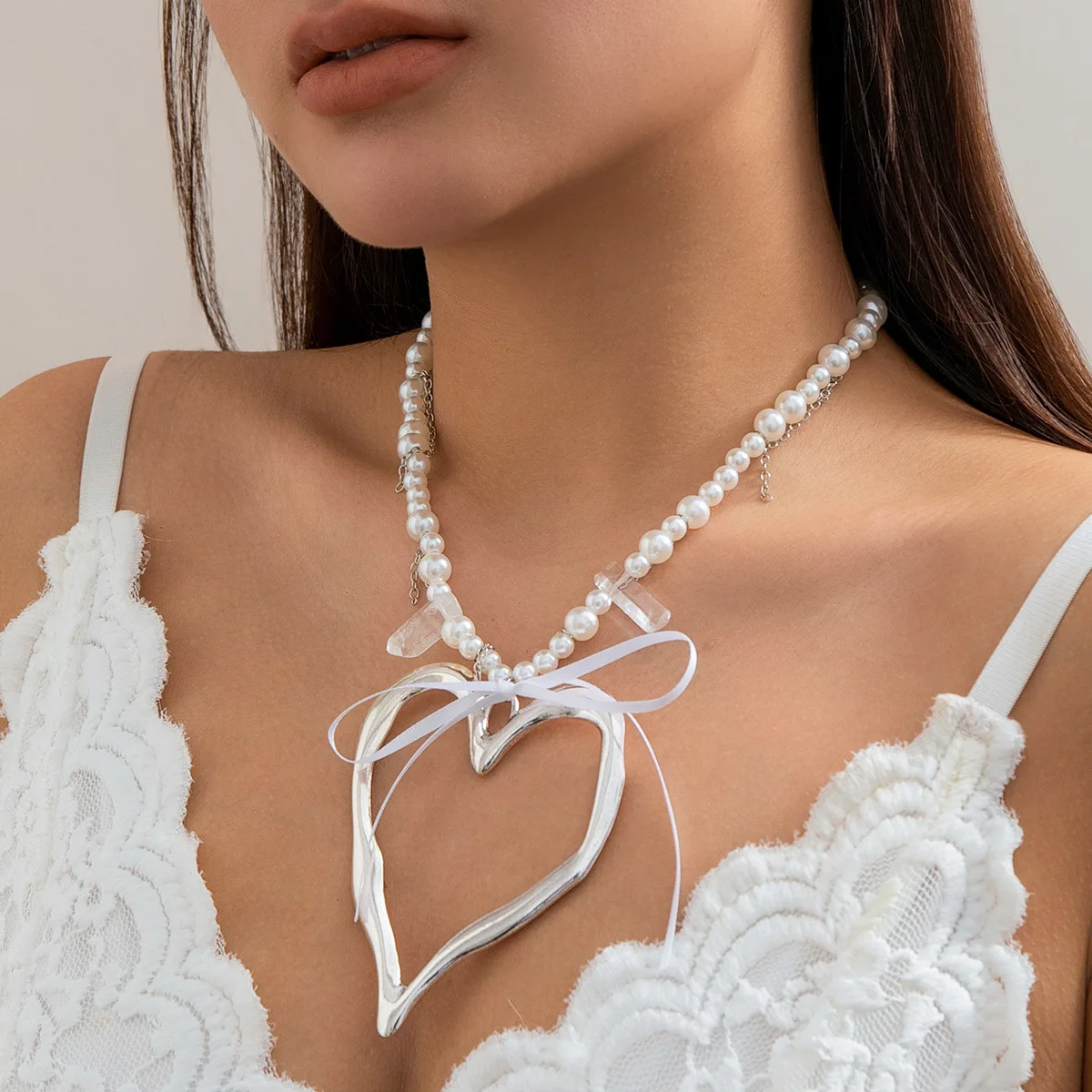 Premium Necklace with Lava Heart Pendant and Bow Charm Faux Pearl Beads Antique Silver Tone Lightweight for Women Daily Wear