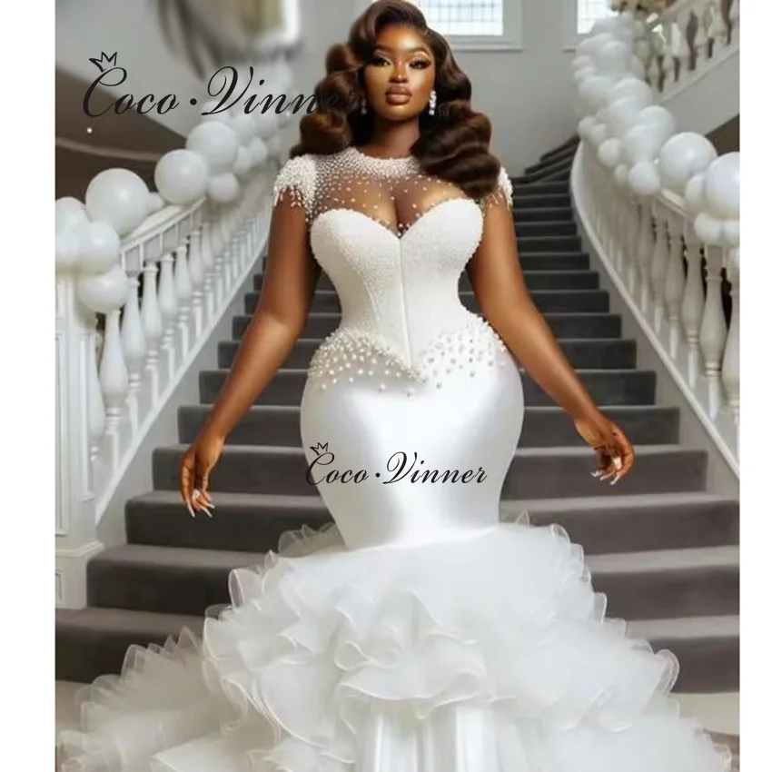 

Customized Short Cap Sleeves Pearls Beading Exquisite Mermaid Wedding Dress Luxury 2025 Organza Ruffle Train Wedding Dress W1487