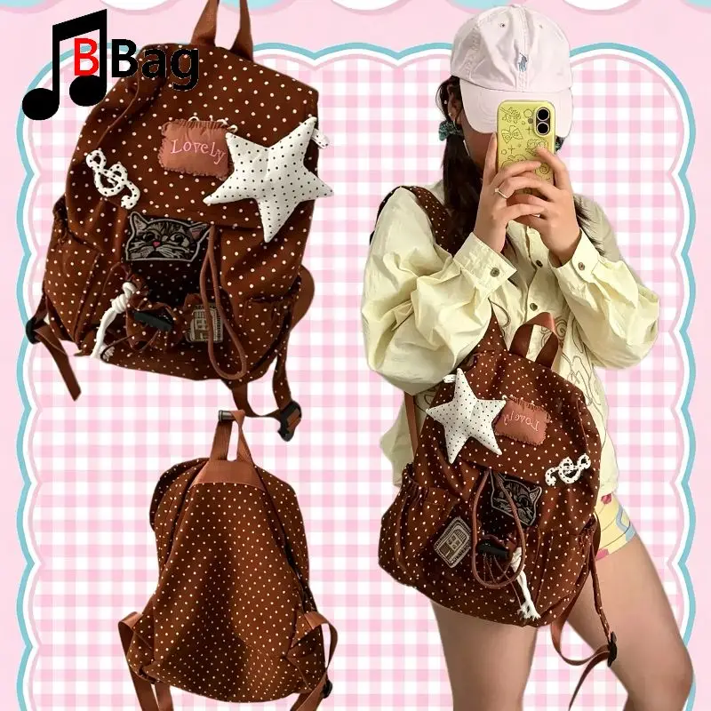 Original Polka Dot Pillow Star Cat Vintage Japanese Korean Style Casual Drawstring Daily Lightweight Backpack School Bag