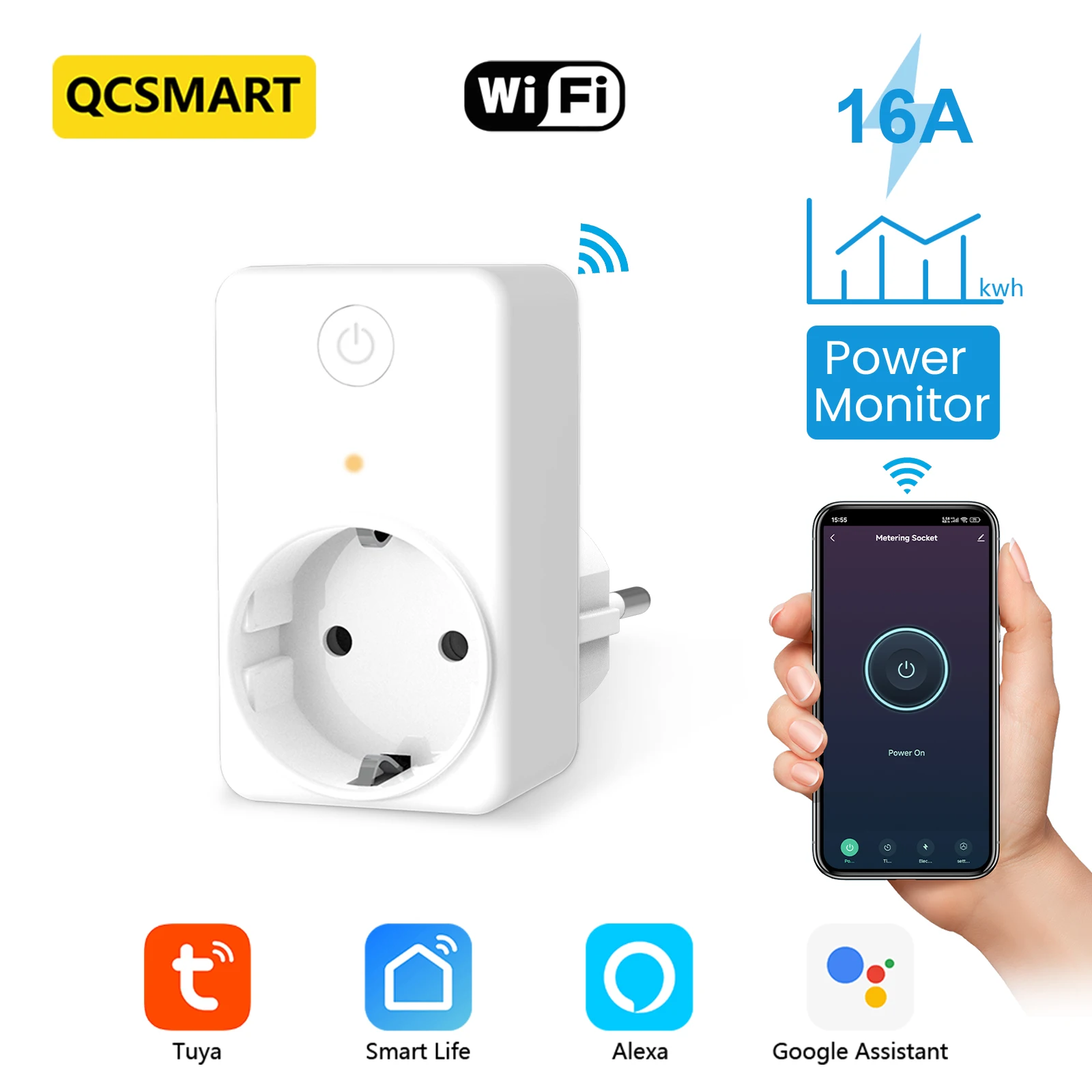 QCSMART Wireless EU Smart Socket Power Consumption Logging Tuya Smart Life App Remote Control Google Alexa