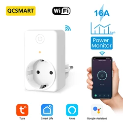 QCSMART-Tomada Inteligente Sem Fio UE, Registro de Consumo de Energia, Aplicativo Tuya Smart Life, Controle Remoto, Google Alexa