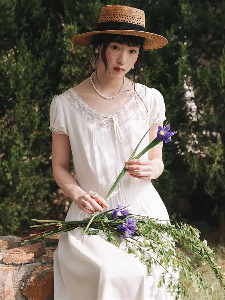 

94-102cm Bust Summer White Long Dresses Women French Elegant Loose Lace O-Neck Comfortable Classic Linen And Cotton Dress