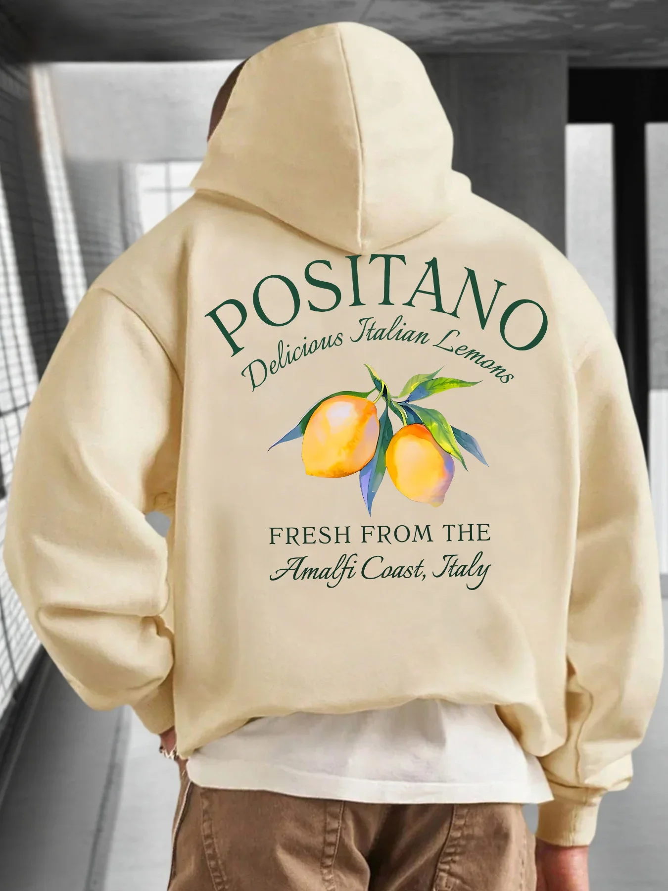 Amalfi Coast Italy Lemon Graphic Hoodie Vintage Back Print Pullover Sweatshirt Casual Loose Streetwear Long Sleeve Hooded Tops