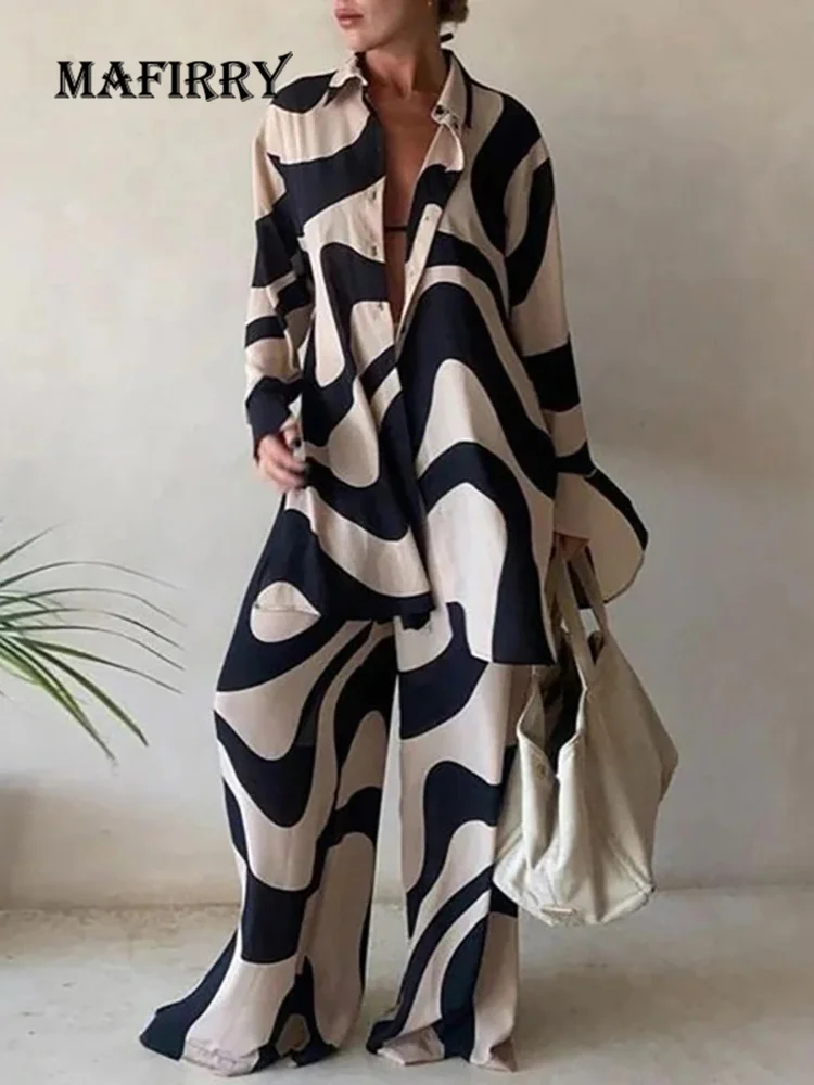 Women Streetwear Sportswear Loose 2PCS Suit Spring Autumn Printing Long Cardigan Top Wide Leg Pants Ladies Outfit Dropshipping