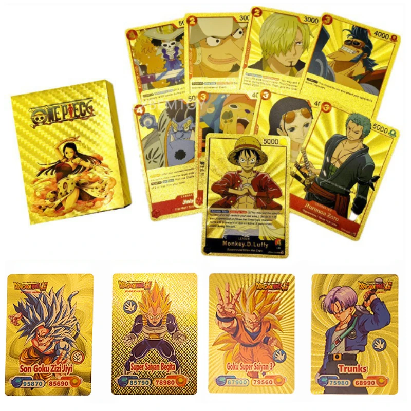 New 50PCS Gold Foil Dragon Ball Anime Cards ONE PIECE Non-repetition English Deck Box Comic Peripherals Playing Cards Kids Toys