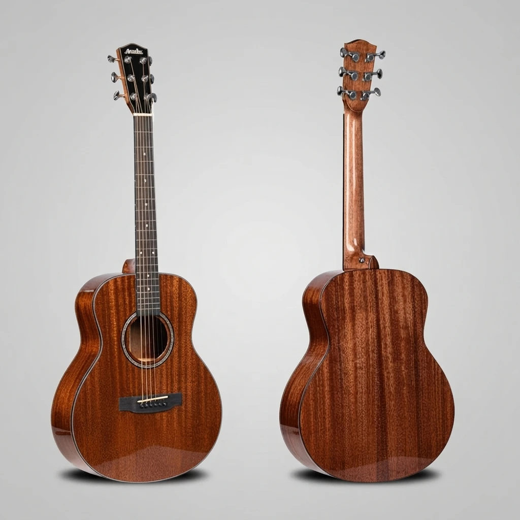 GA Round Body Acoustic Guitar All Red-Brown Gloss Whole Body Decorative Rosette Black Bridge 6 Strings for Beginners, Practice