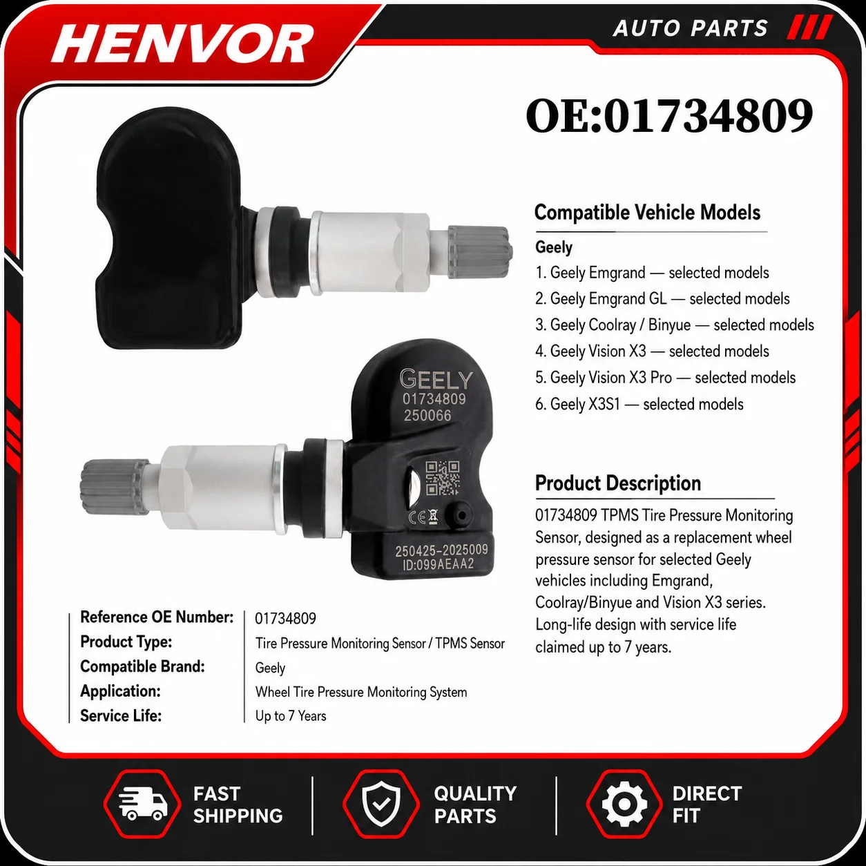01734809 TPMS Tire Pressure Sensor for Geely Emgrand Coolray Vision X3S1 Long-Life Wheel Pressure Monitoring Sensor