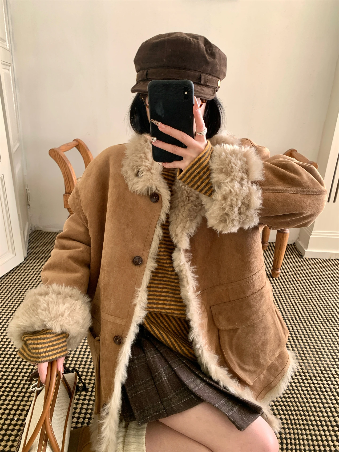 Dubbelzijdig te dragen suède jas Dames casual winterjas van leer met geïntegreerd bont, warme, dikke, lange mouwen, middellange jas