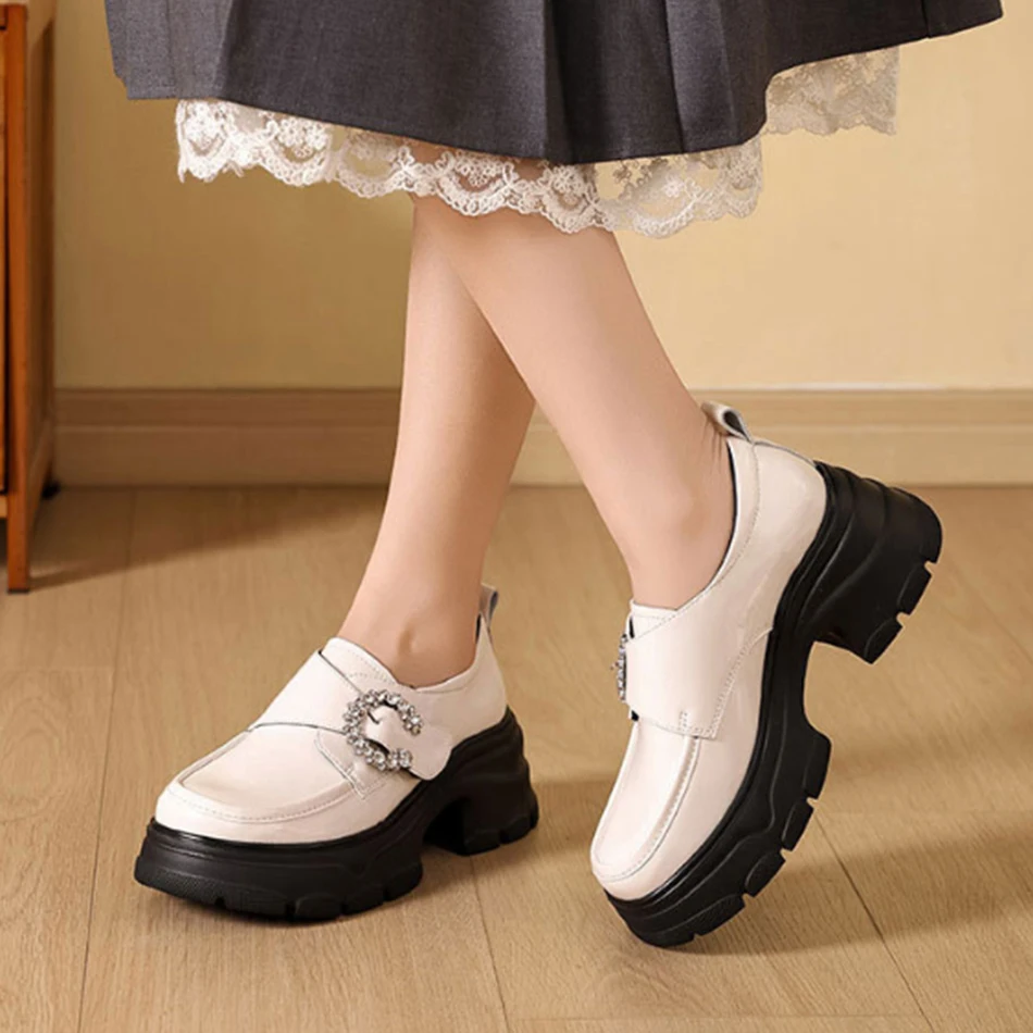 High-top loafers with an English style, small leather shoes, thick heel, single shoe, versatile women's shoes
