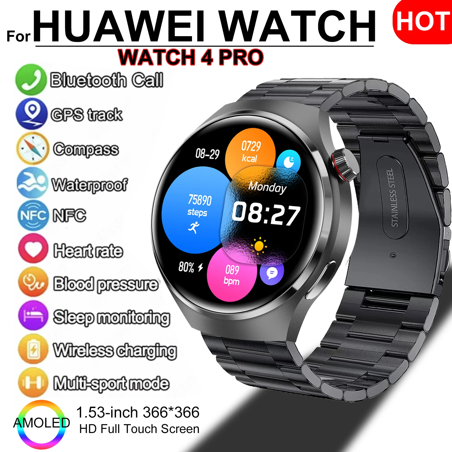 New Watch 4 PRO Smart Watch 366*366 HD Screen Bluetooth Call Heart rate NFC GPS Track SmartWatch Men's Women For Huawei Watch