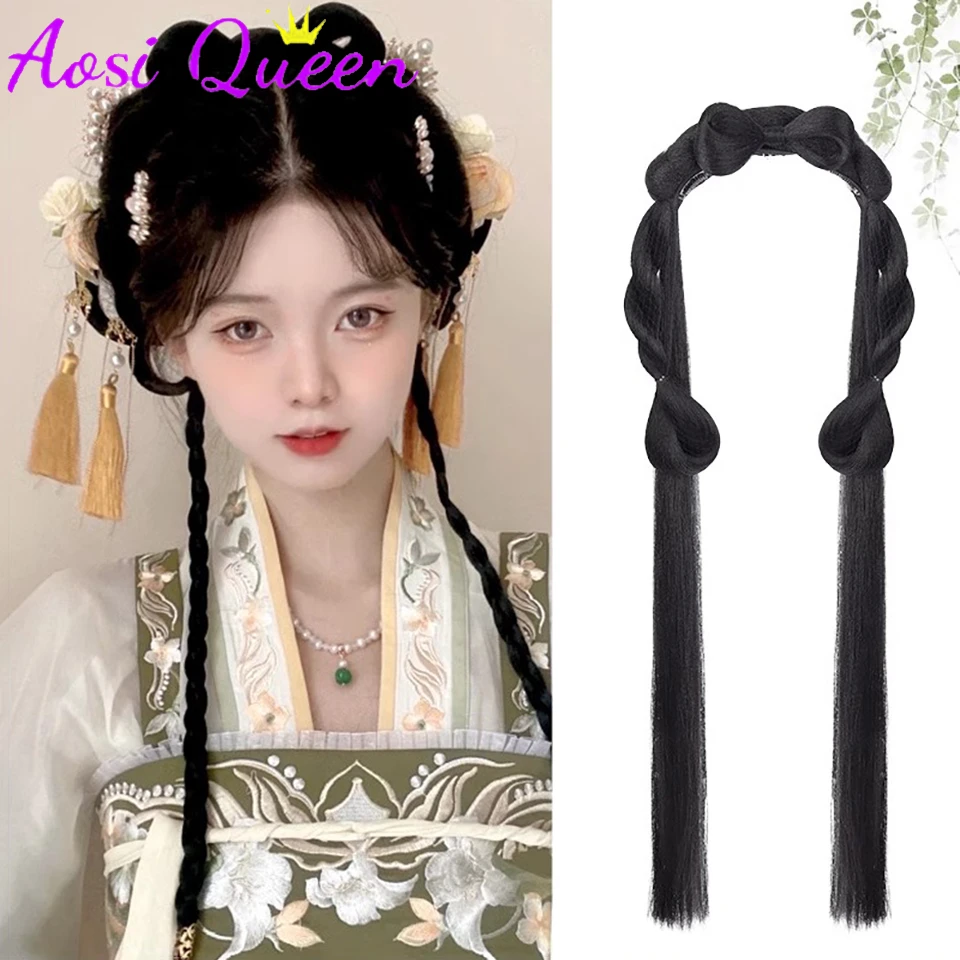 AOSI Synthetic Hanfu Wig Ancient One-Piece Hairband Bun Hair Accessory Daily Pad Hair Pack with Butterfly Knot for Cosplay