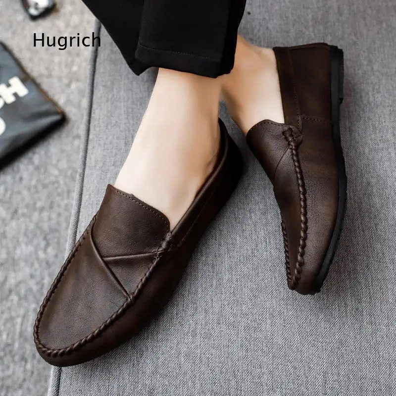 Retro Brown Slip On Loafers For Men Hand Stitched Edge Soft Upper Flat Anti Slip Sole Casual Business Daily Driving Shoes