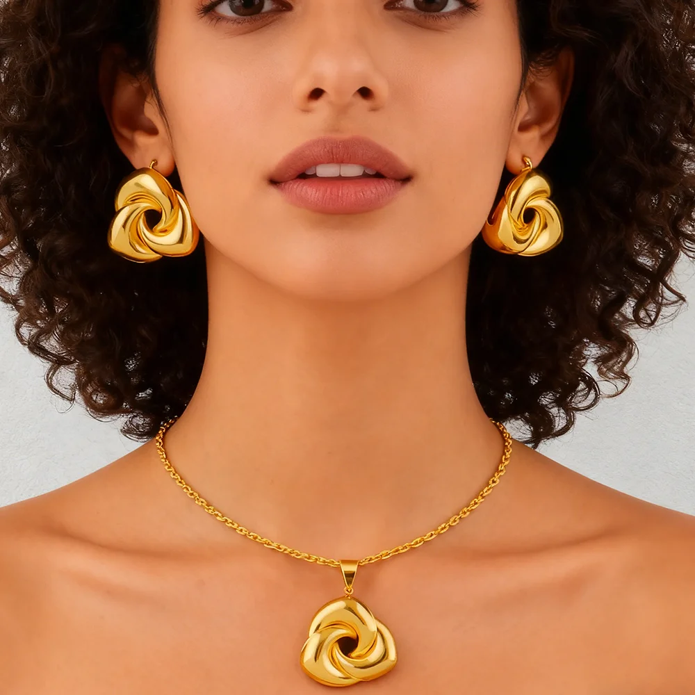 Dubai 18K Goldfarbenes Schmuckset für Damen Hochzeit Party Halskette Ohrringe Sets Indisches Schmuckset Kostenloser Versand Großhandel – Detail 1