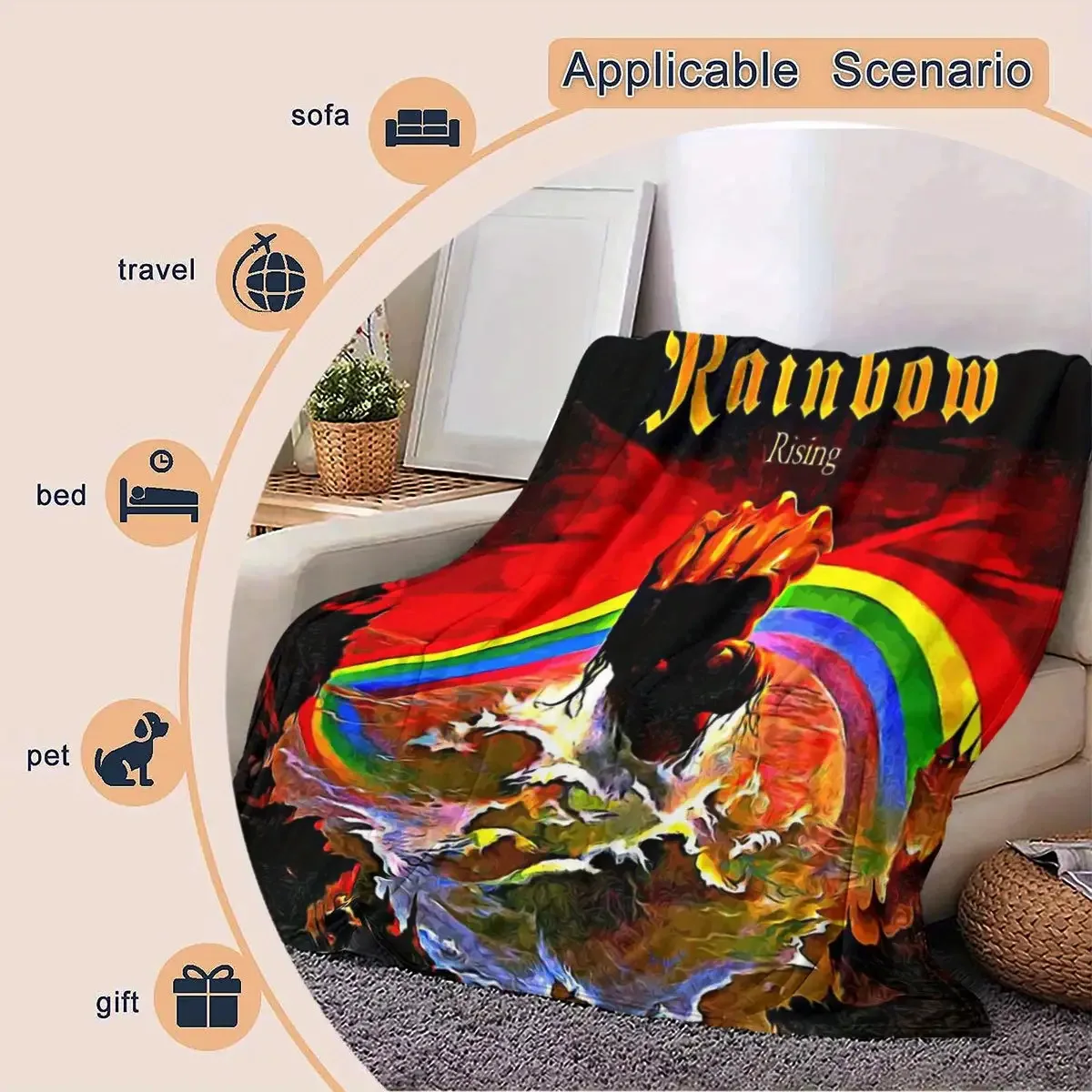 Retro rainbow arch pattern Flannel printed blanket suitable for all seasons suitable for living room office sofa and travel