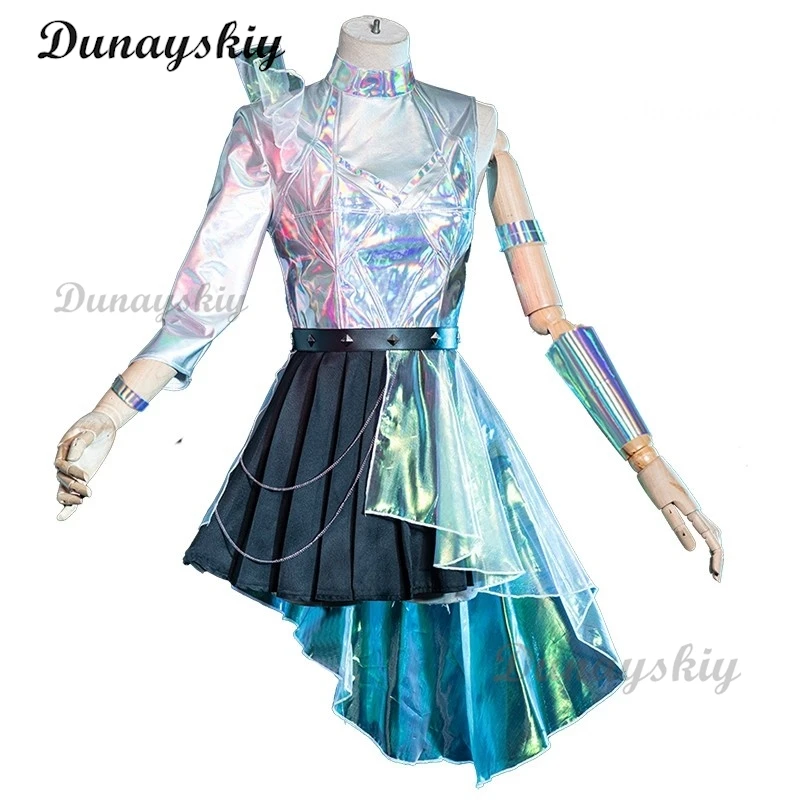 مجموعة كاملة من أزياء CosplayLeague of Legends KDA Seraphine التأثيرية مع شعر مستعار وأحذية وأقراط (زي KDA Pop Star الرسمي لـ Wo