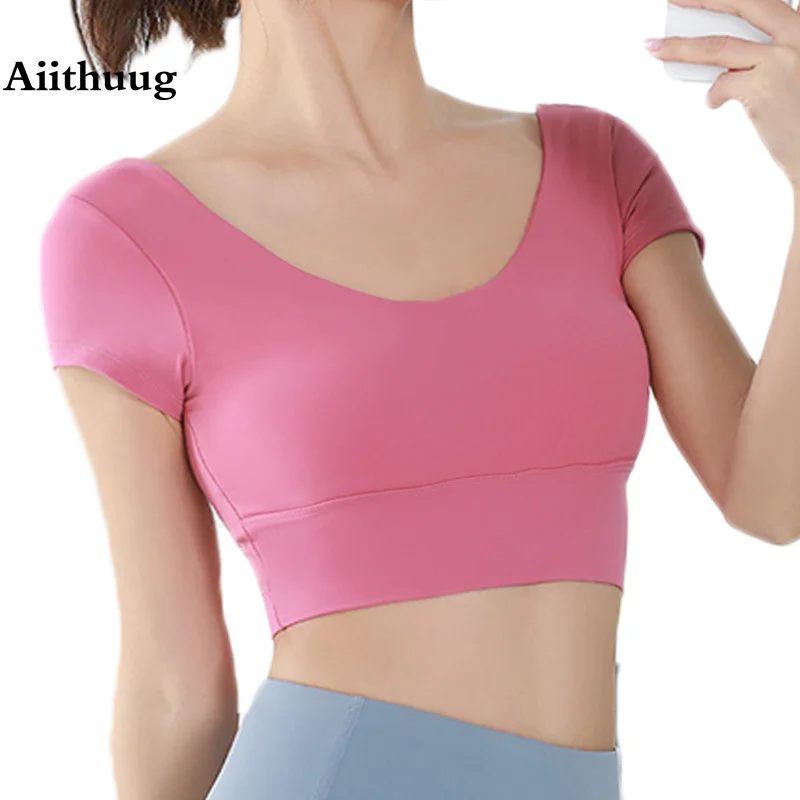 

Aiithuug Grace Neck Line Yoga Short Sleeve Build-in Cup Gym Tops Big U Neck Yoga Crop Top Pilates Graceful Bra Tops Active Crops